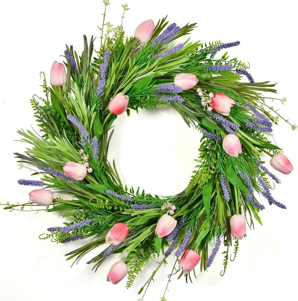 Beinhome 22 Inch Pink Tulip and Lavender Spring Summer Wreath for Front Door