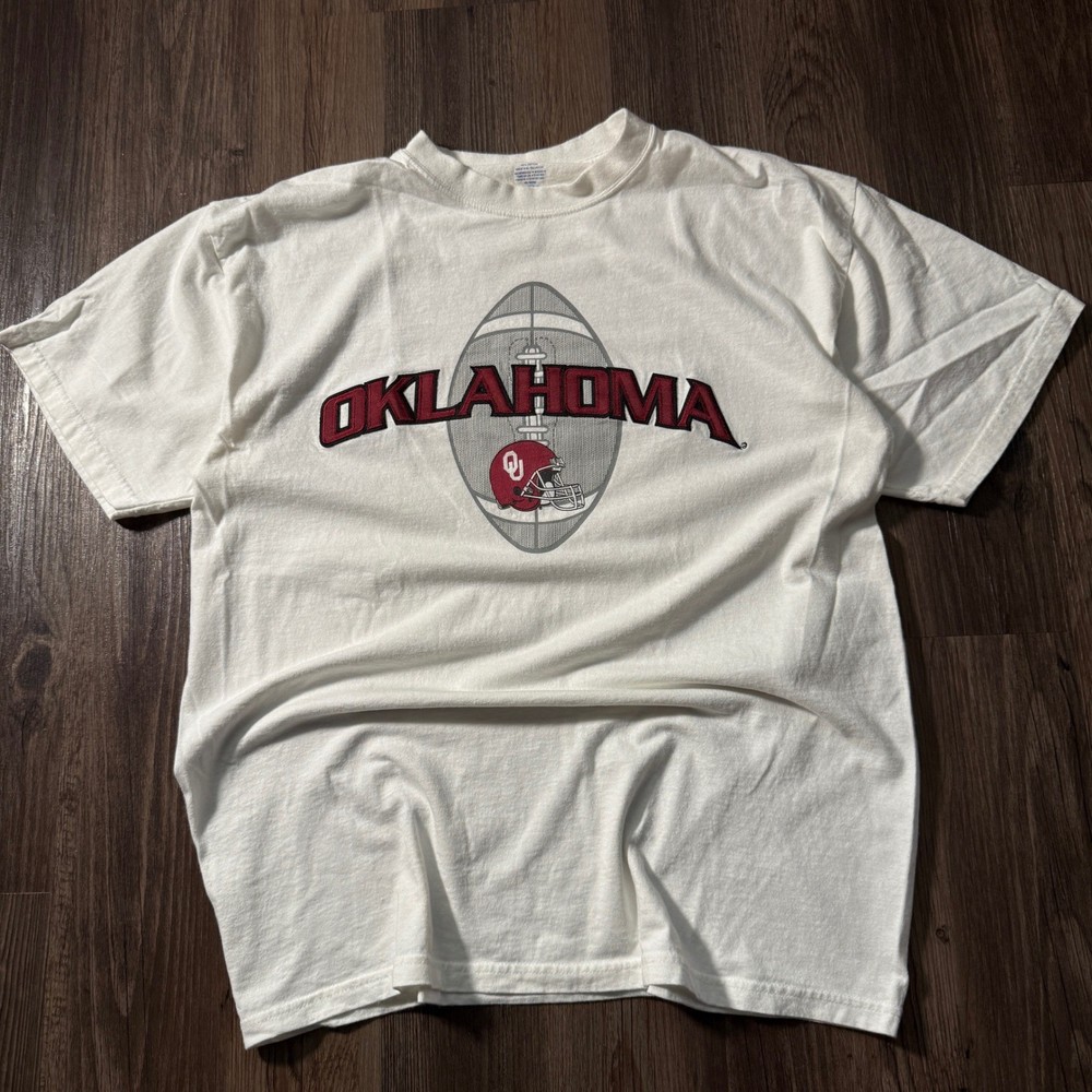 Oklahoma Sooners Football T Shirt Mens Size L White Short Sleeve Cotton Tee