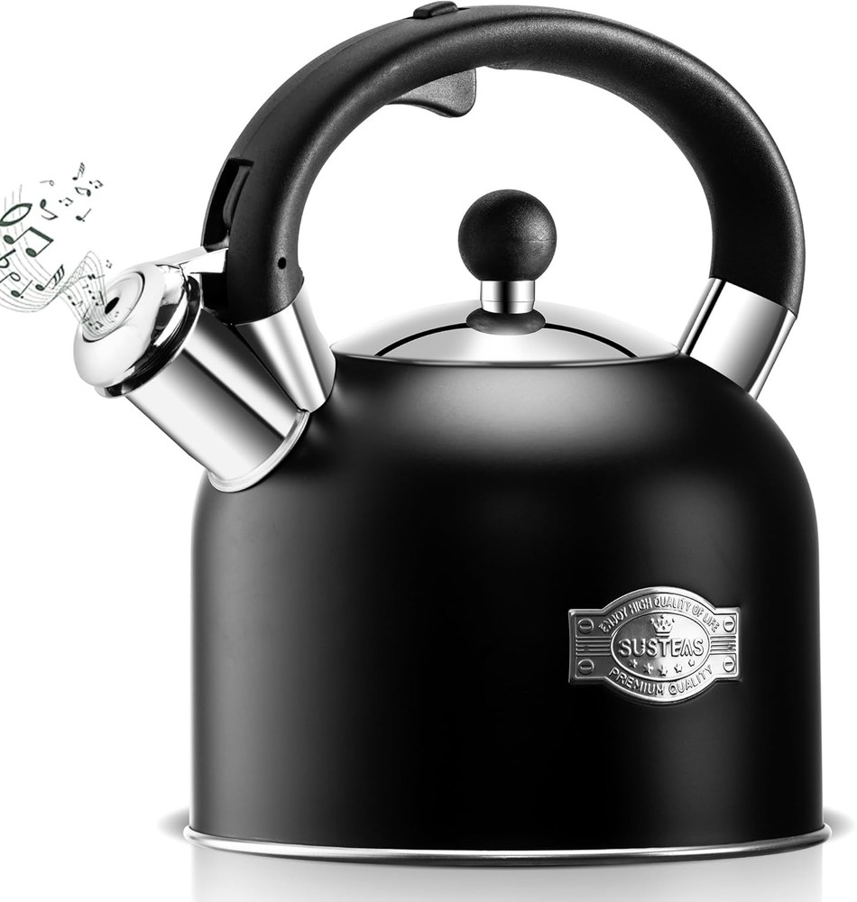 SUSTEAS Whistling Tea Kettle 3.17 QT Stainless Steel Stove Top Teapot Black