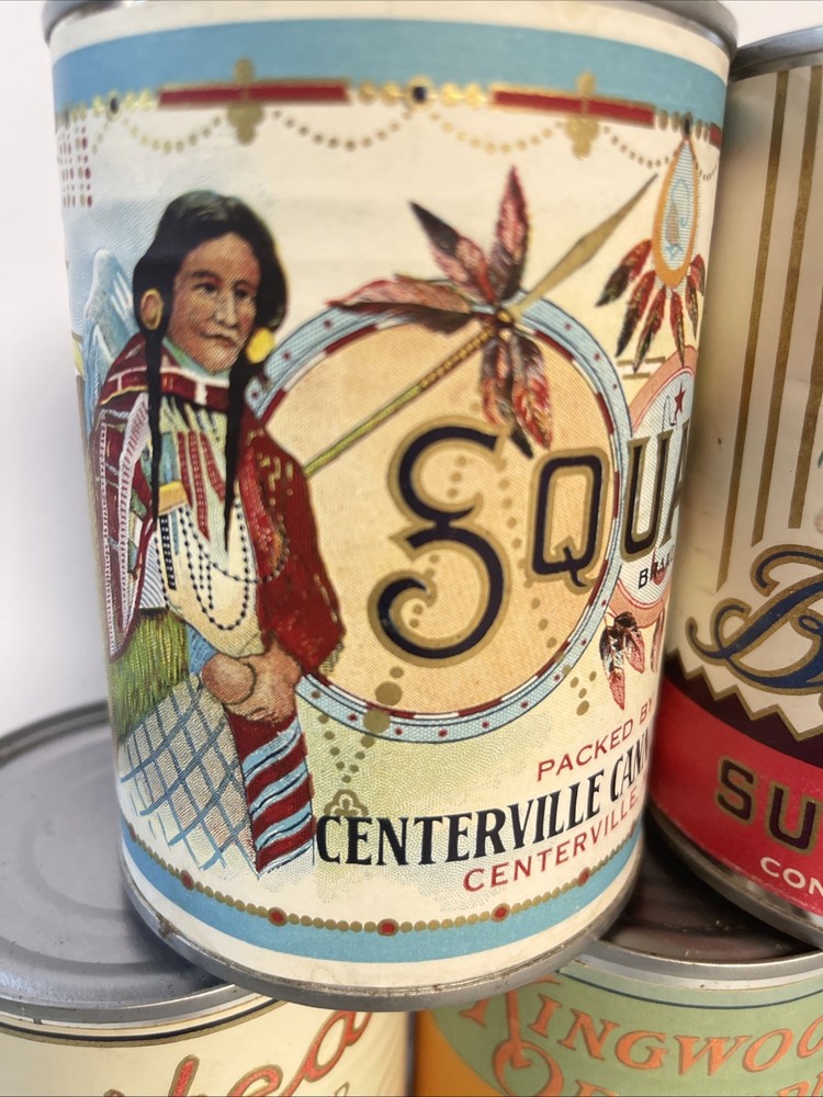 5 Vintage Tin Can Sealed Forest City Kingwood Centerville Squaw Allen Bros Olney