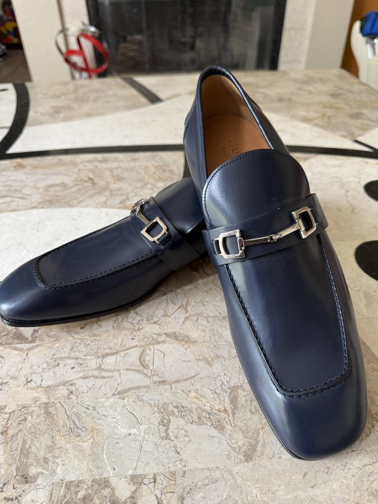 Gucci Blue Leather GG Silver Buckle Loafers for Men UK 10 US 11