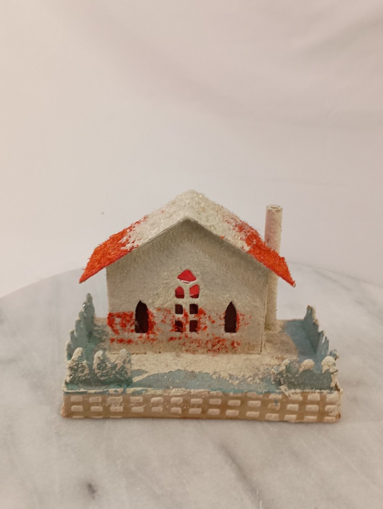 Vintage Putz Christmas Village House Japan Coconut Mica Glitter Fence Chimney