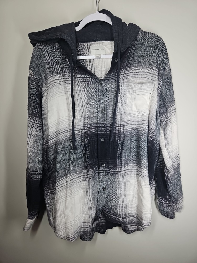 American Eagle Oversized Hooded Flannel Women's Medium Black White Plaid