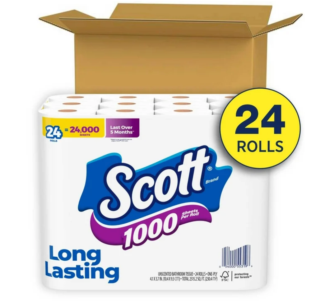 Scott 1000 Toilet Paper, 24 Rolls, 1,000 Sheets per Roll 1-ply 2x longer
