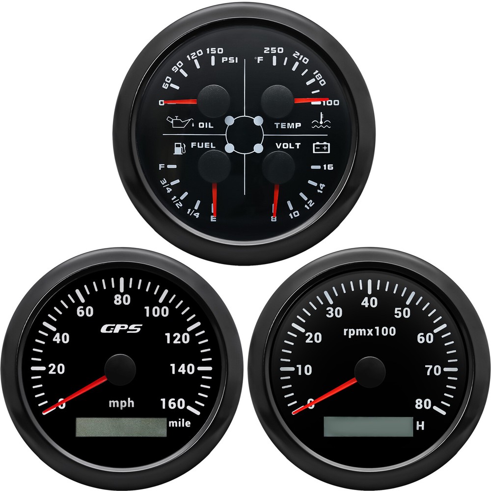 85mm 3 Gauge Set with GPS Speedometer Tachometer 4-in-1 for Boats 0-160MPH