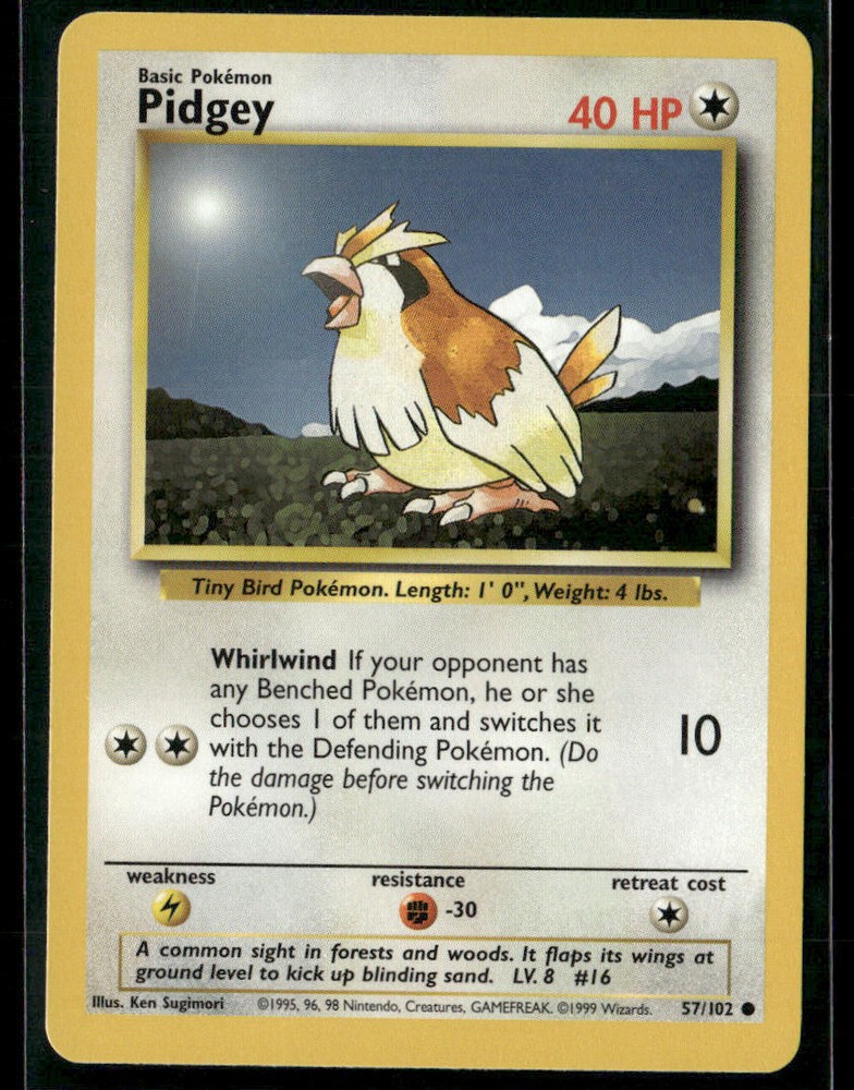 1999 Pokemon TCG Pidgey 57/102 Rare Card Vintage Collectible