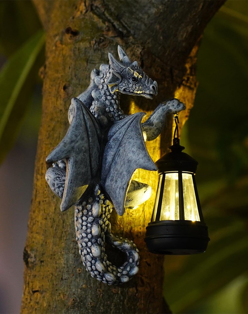 93-Inch Dragon Tree Solar Lantern Garden Statue – Outdoor Resin Decor