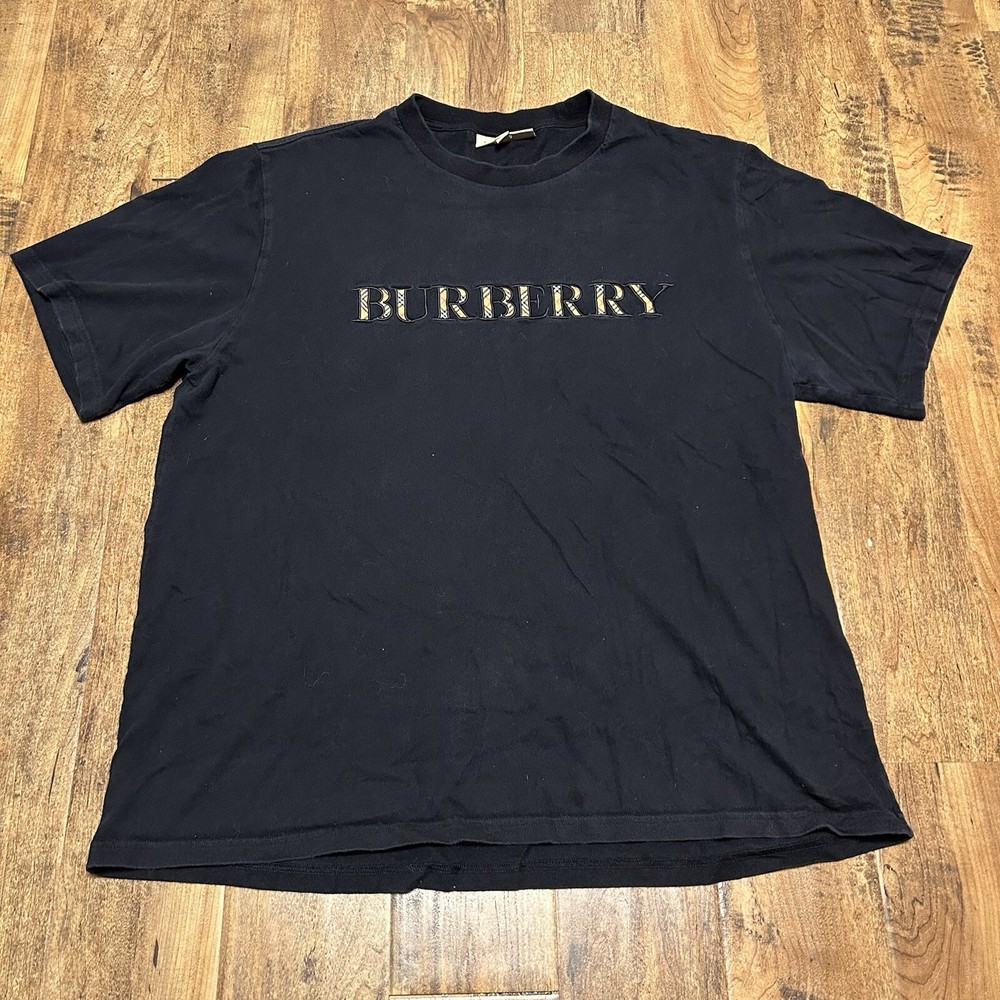 Burberry Black Script Logo Mens XXL T Shirt Tartan-Check Designer Authentic