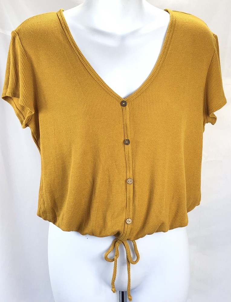 Vintage Top S gold V-neck Tie Waist  Ribbed Knit Cropped Henley Y2K preppy Cute
