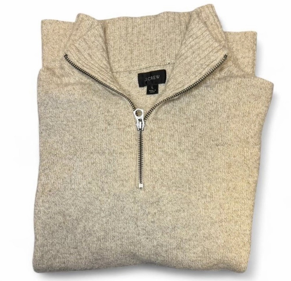 J.Crew Men’s Merino Wool Half Zip Sweater Size L Beige Pullover