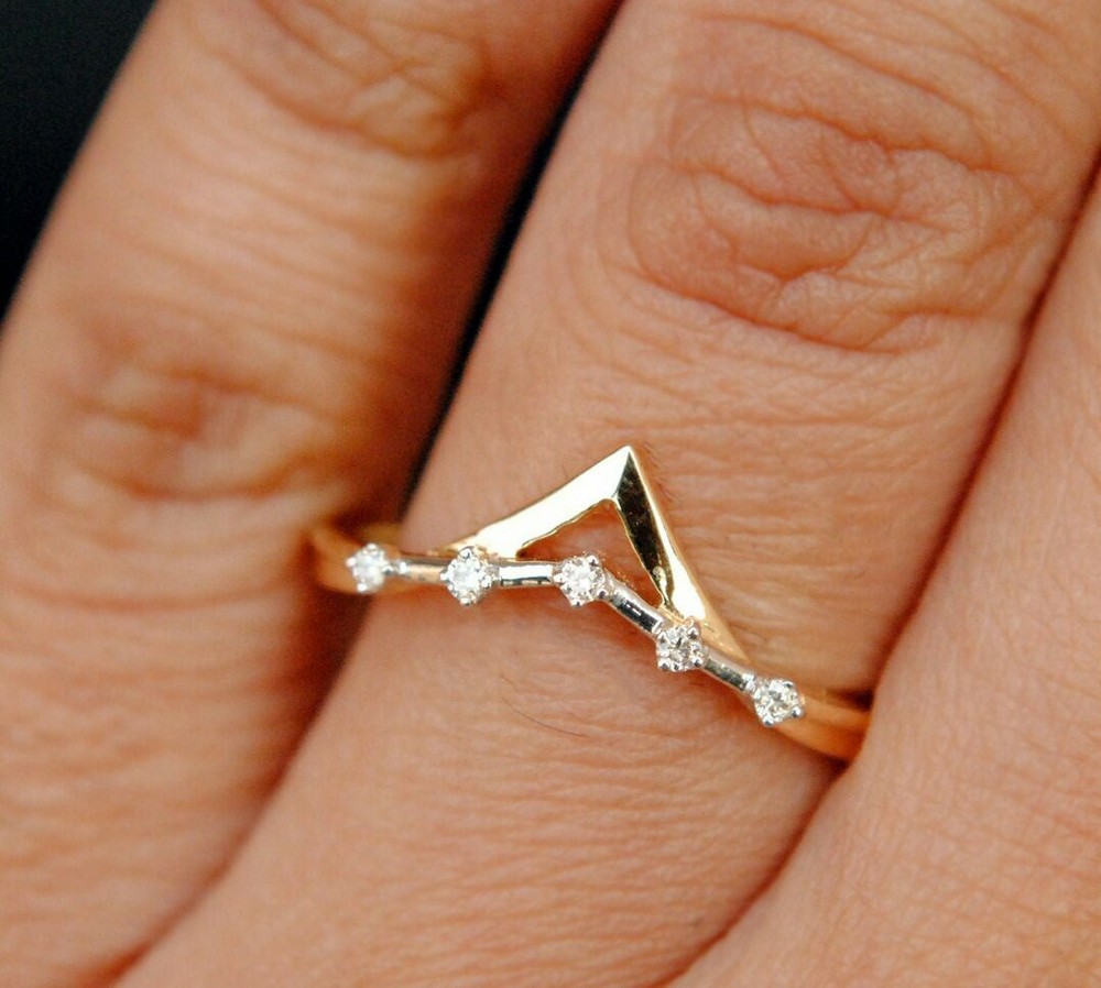 14k Solid Gold Double Chevron Diamond Tiara Crown Bridal Wedding Ring-image