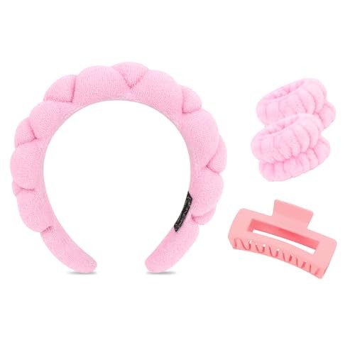 Pink Spa Set with Makeup Headband Wrist Towels and 4 Inch Hair Claw Clip