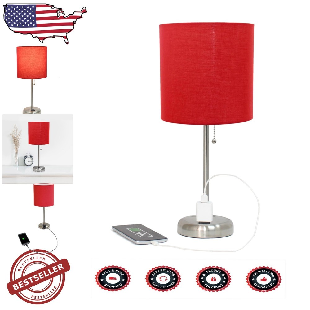 Contemporary 2-Pack Brushed Steel Desk Lamps with Built-in USB Charging Outlet