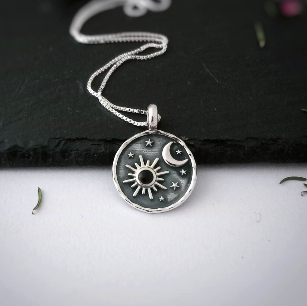 Sterling silver and black onyx astrology pendant, celestial night sky charm gift