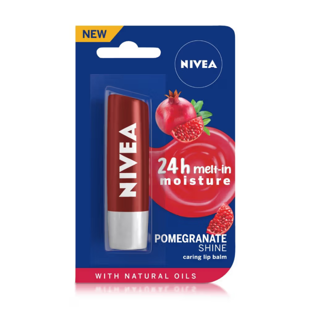 NIVEA Lip Balm, Pomegranate Shine, 24h Moisture with Natural Oils 4.8 gm