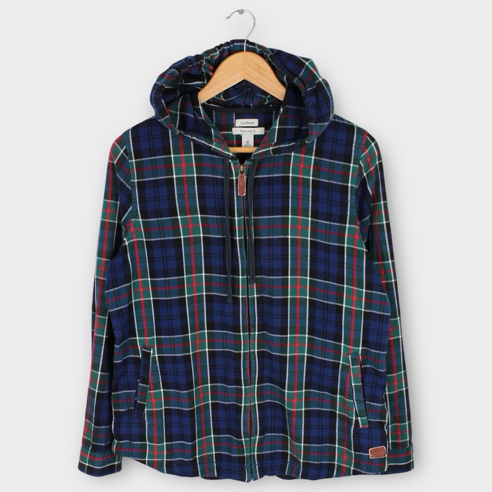 L.L.Bean Men's Relaxed Fit Plaid Flannel Zip-Up Hoodie Jacket Size M