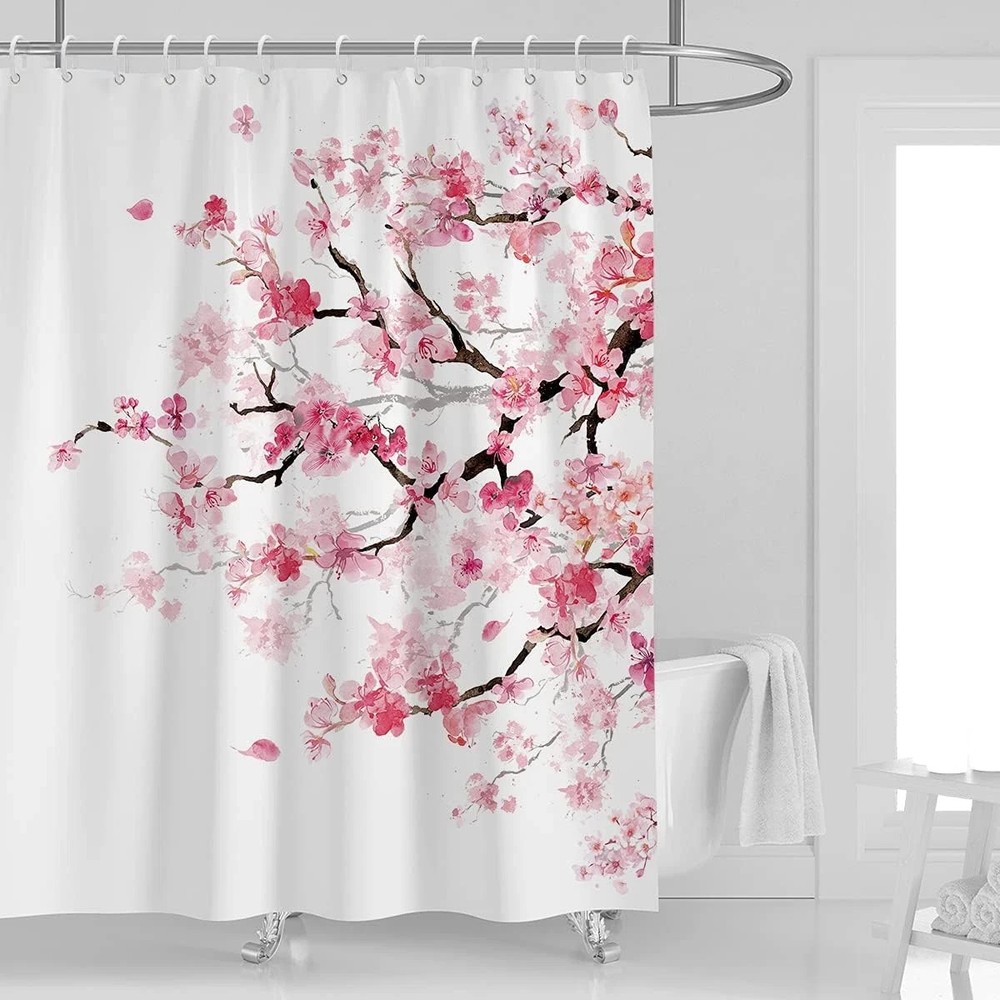 Pink Cherry Blossom Shower Curtain 60''W x 72''L White Flowers Floral Sakura Blo