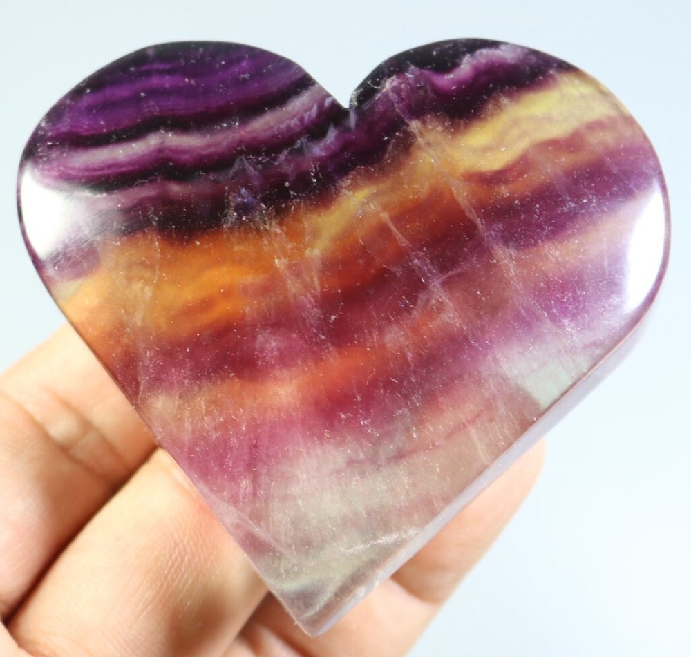 Natural Stripe Fluorite Quartz Crystal Heart Palm Stone Mineral Specimen