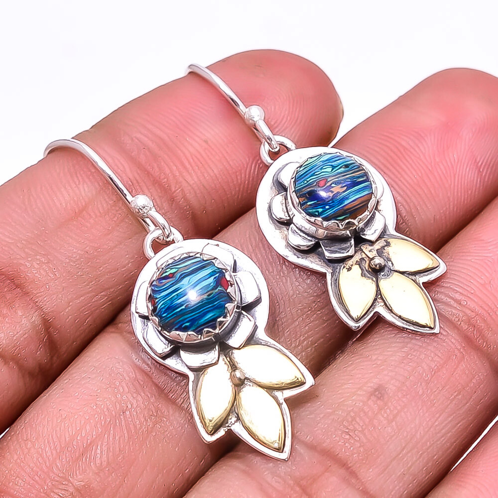 Blue Rainbow Calsilica 925 Sterling Silver Two Tone Flower Earring 1.64