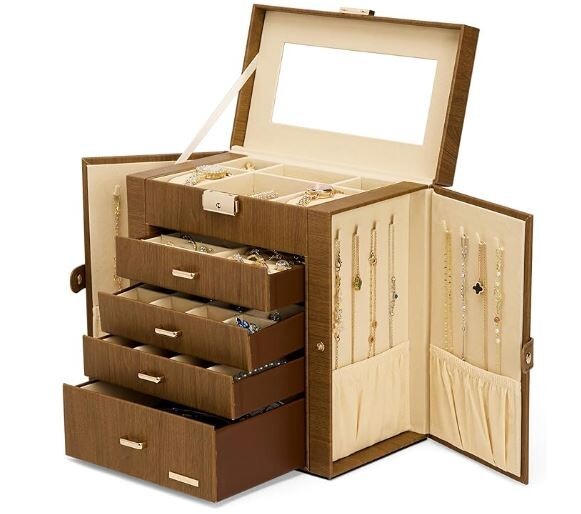 Synthetic Leather Jewelry Organizer with Mirrored Watch Necklace Ring Storage Box