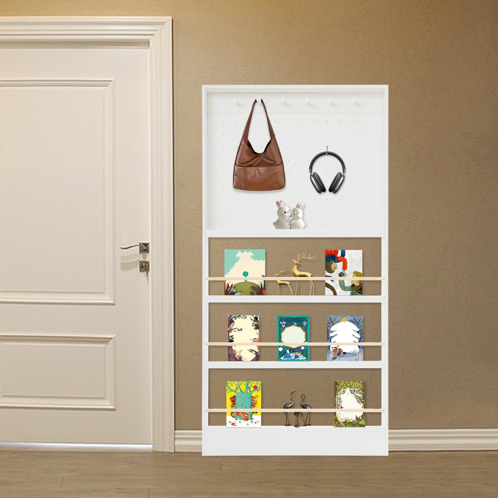 Behind Door Bookshelf with Pegboard Storage Cabinet for Toys and Books