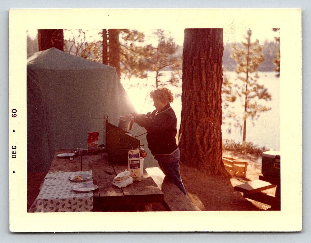 Vintage Outdoor Camping Picnic Photo of Woman by Lake  