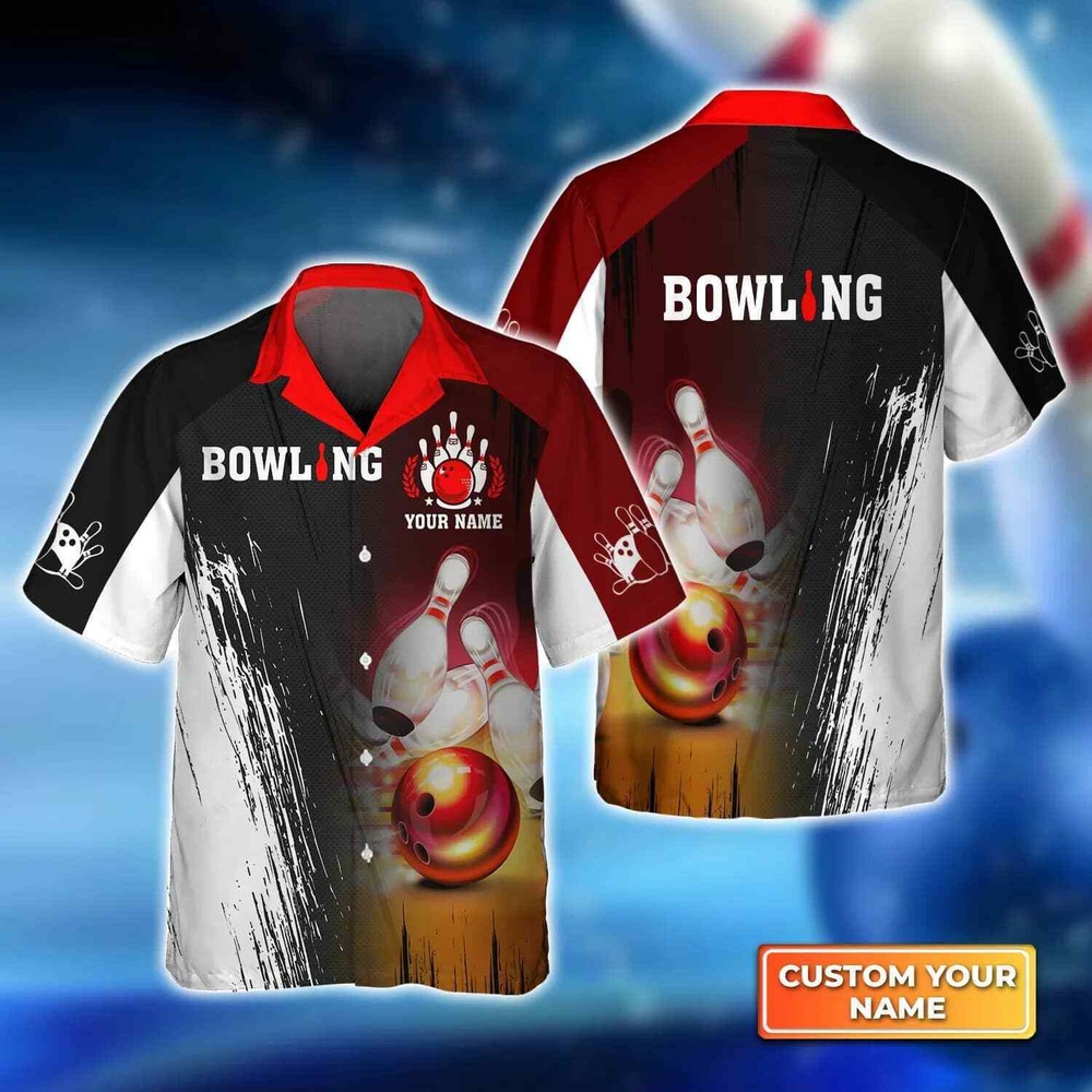Red Bowling Ball Crashing Pins 3D Hawaiian Shirt for Bowling Enthusiasts
