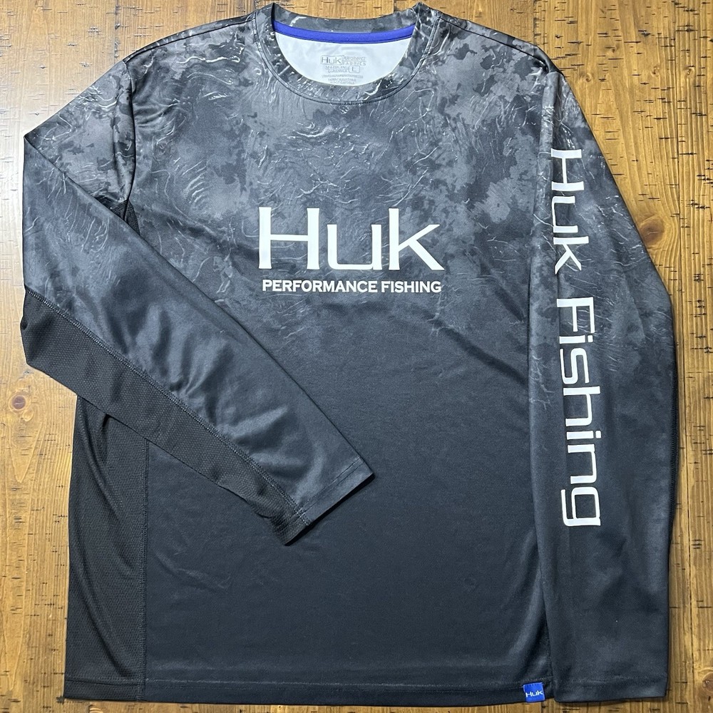 Huk Performance Fishing Long Sleeve Camo Shirt Men L Gray Black Moisture Wicking
