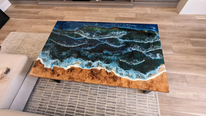 Ocean Epoxy Resin Coffee Center Table, River Furniture Centerpiece Home Decor