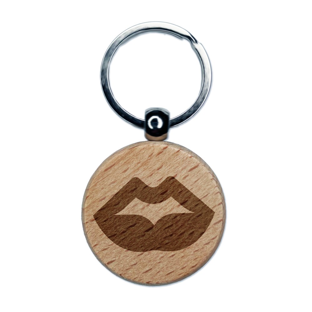 Luscious Plump Lips Engraved Wood Round Keychain Tag Charm