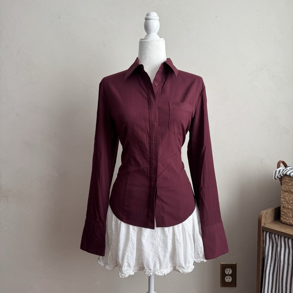 Chic Express Deep Burgundy Button-Down Fitted Shirt - Office