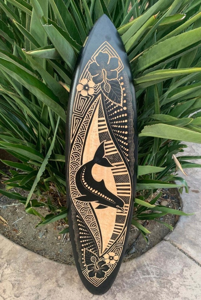 Dolphin and Hibiscus Tribal Mango Wood Carving Tropical Decorative Surfboard