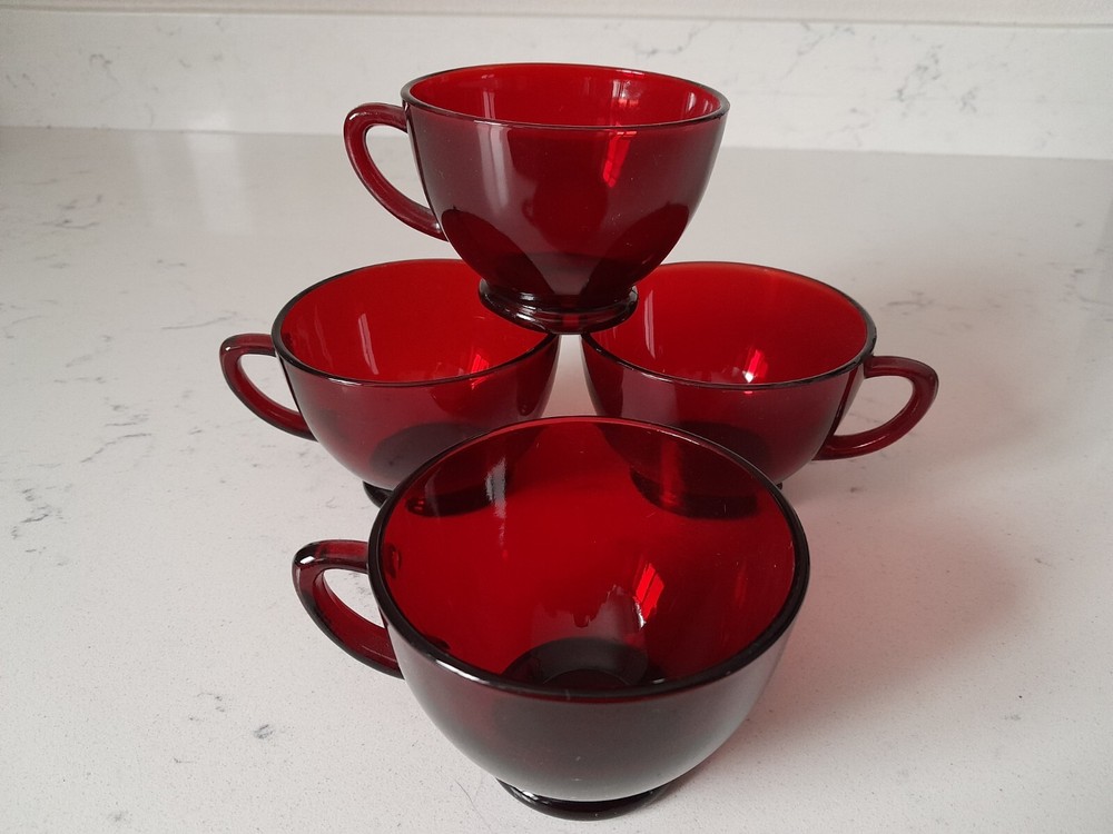 Vintage Ruby Red Depression Glass Cups Coffee or Tea Punch Set of 4