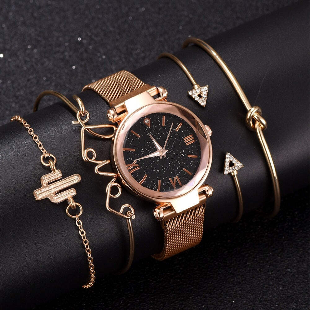Elegant Quartz Bracelet and Watch Set with Leather Strap