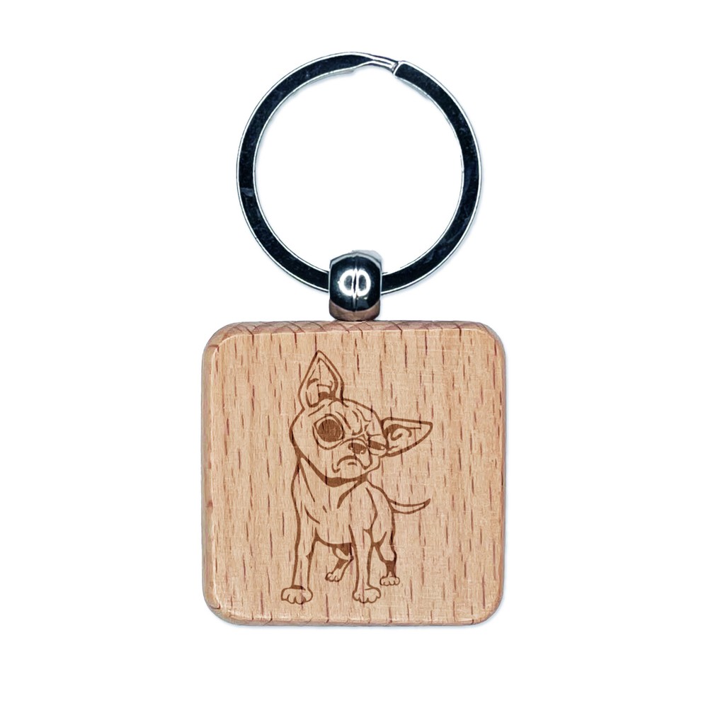 Suspicious Chihuahua Dog Engraved Wood Square Keychain Tag Charm