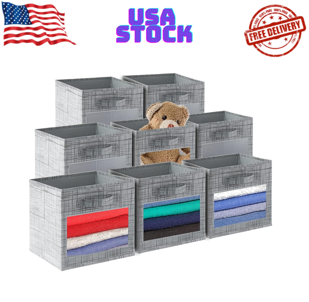 SUOCO 8-Pack Foldable Grey Fabric Cube Bins with Clear Window