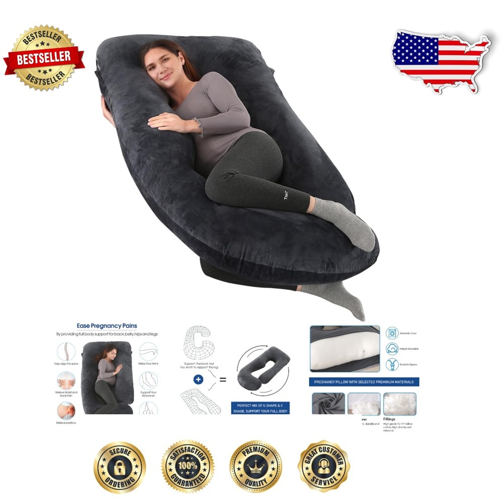 U-Shape Pregnancy Pillow - Elegant Black Velvet Full Body Support for Moms