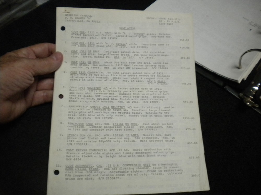 Harrison Carroll List 0885  July 1985   Colt SAAs  Colt Autos, S&W ,  price list