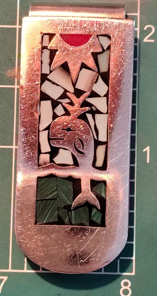 Vintage Taxco Mexico .925 Sterling, Malachite, Torquoise, Red Coral Money Clip