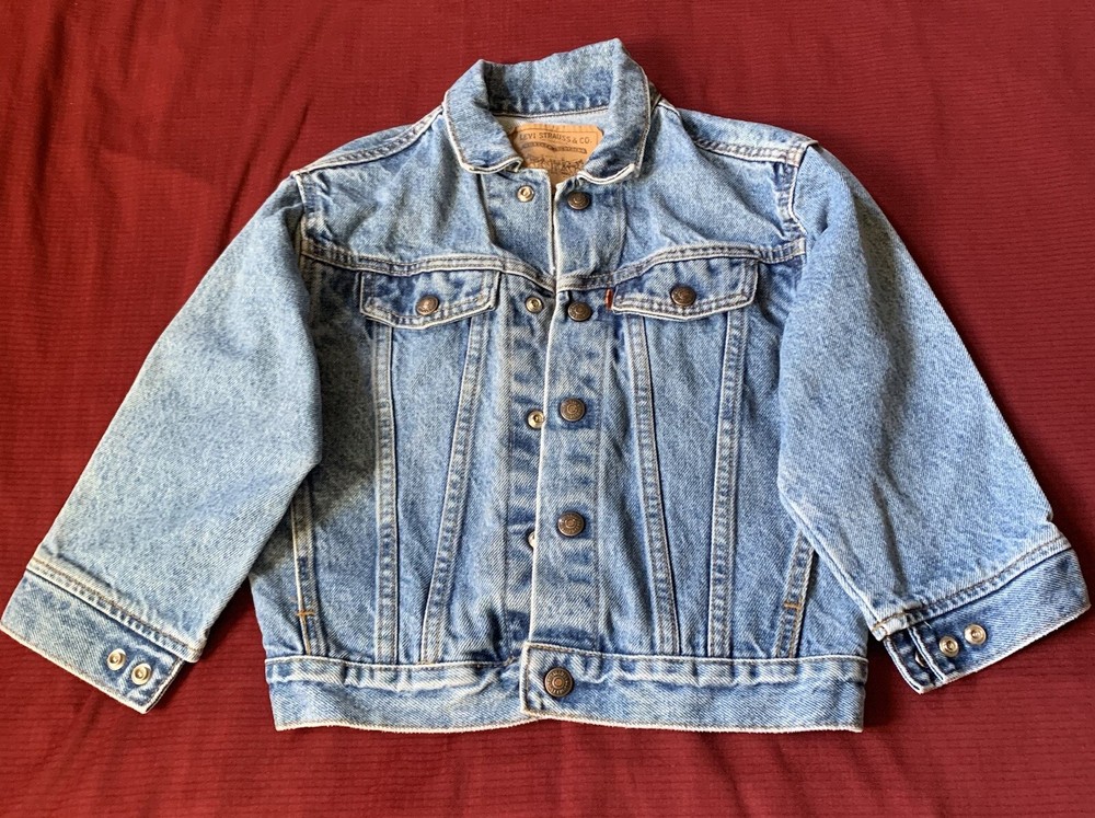 Vintage 90s Little LEVI's Denim Trucker Jacket 74027 Kids SIze 6 Orange Tab