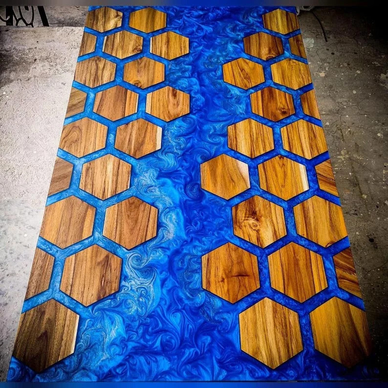 Honeycomb Design Blue Epoxy Resin River Table , Handmade Furniture Decors