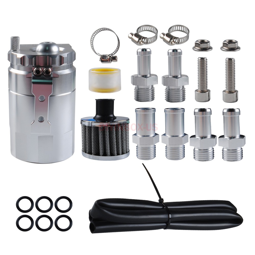 Oil Catch Can Kit Reservoir Baffled Tank Breather Filter Universal Aluminum Silv