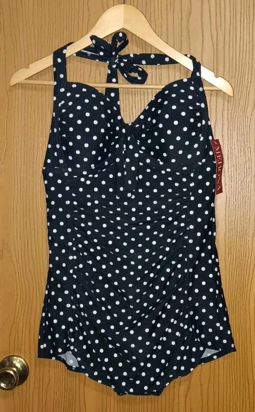 NWT! Merona One Piece Swimsuit Womens Size Large Black With White Poka Dots...