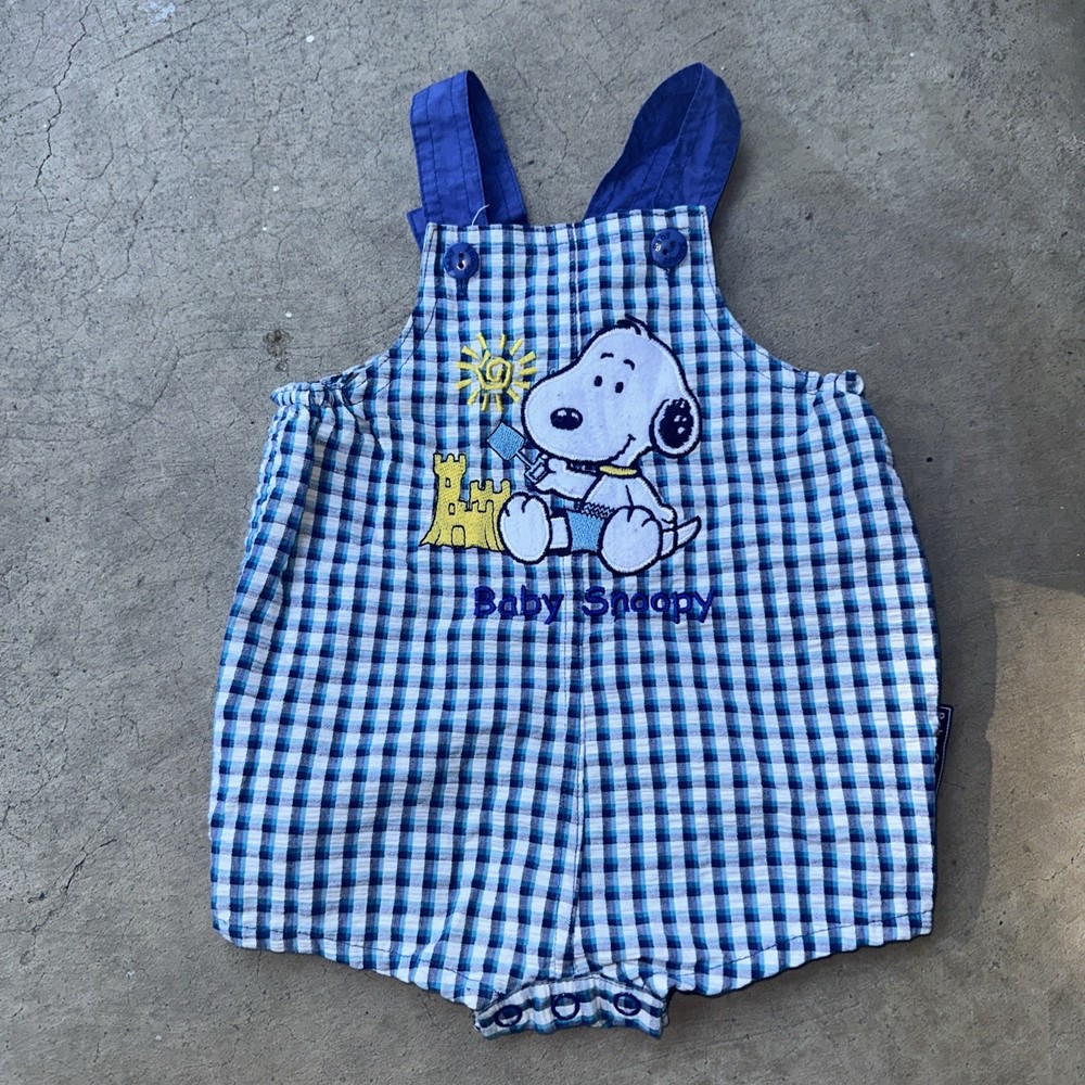 Vintage plaid baby snoopy  sand pail overalls 6/9 months