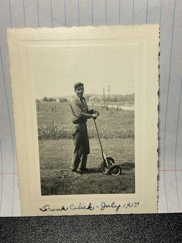 Vintage 1950 Photo of Man Pushing Lawn Mower in Yard by Frank Calick S1225