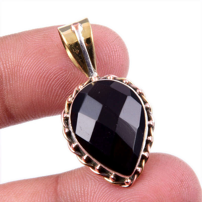 Natural Black Onyx Gemstone 925 Sterling Silver Two-Tone Pendant 1.25 Inch
