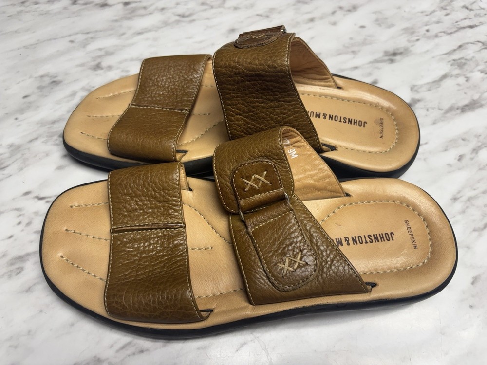 Johnston & Murphy Sheepskin Sandals Mens 9 M Brown Leather Jesus Bohemian Hippie