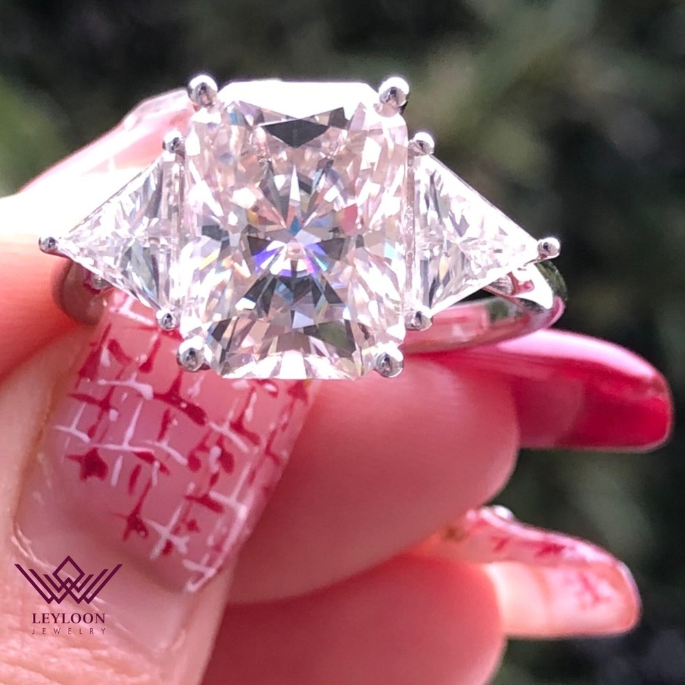 6 Carat D Color Radiant Cut Moissanite Three Stone Ring in 10K Gold