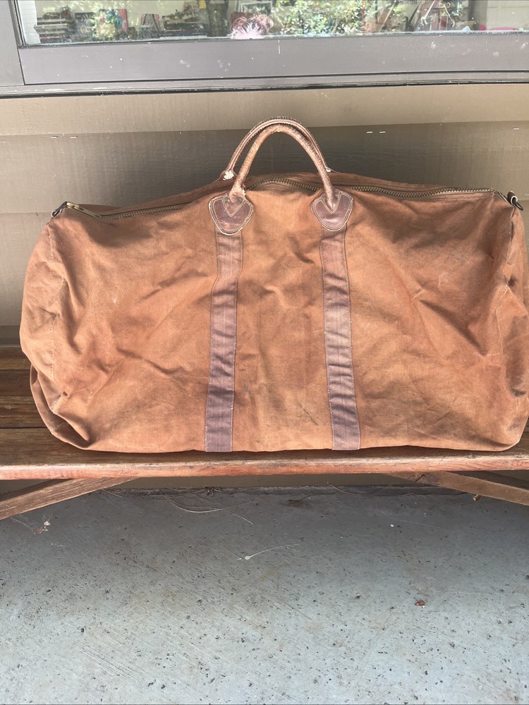 Vintage XL L.L. Bean Canvas Duffel Bag with Leather Bottom & Talon Zipper in Brown
