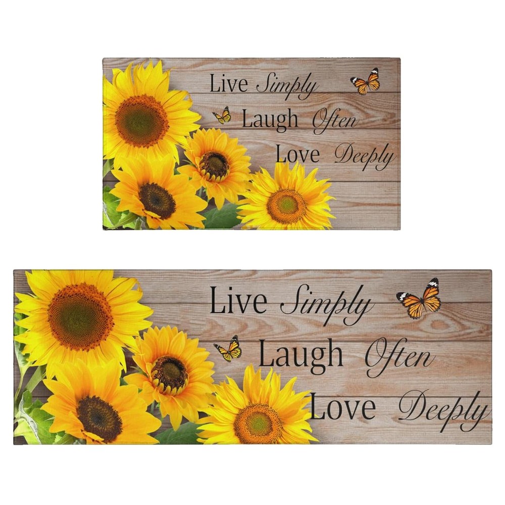 Sunflower Kitchen Rugs Set of 2 Non-Slip Washable Farmhouse Mats